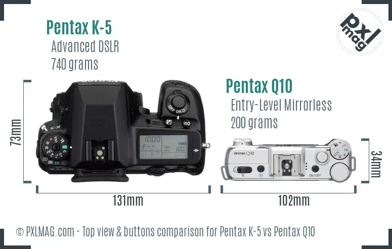 Pentax K-5 vs Pentax Q10 top view buttons comparison