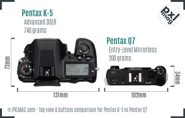 Pentax K-5 vs Pentax Q7 top view buttons comparison