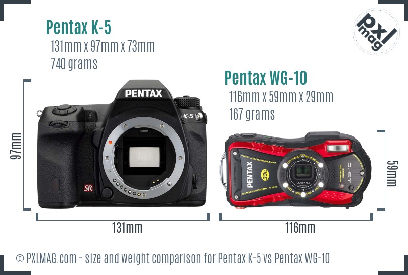 Pentax K-5 vs Pentax WG-10 size comparison