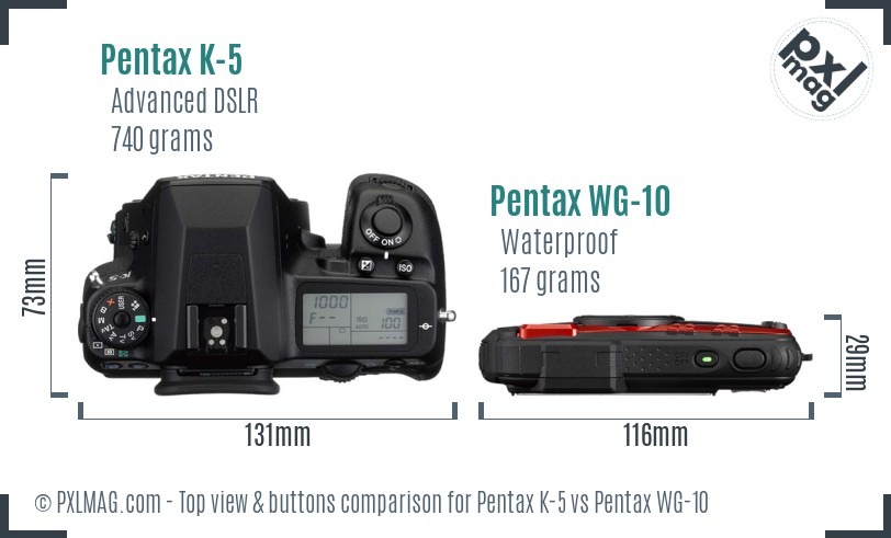 Pentax K-5 vs Pentax WG-10 top view buttons comparison