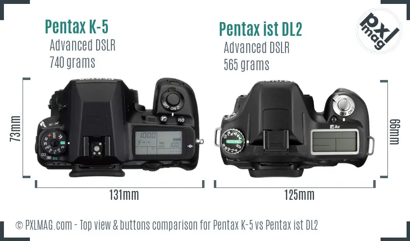 Pentax K-5 vs Pentax ist DL2 top view buttons comparison