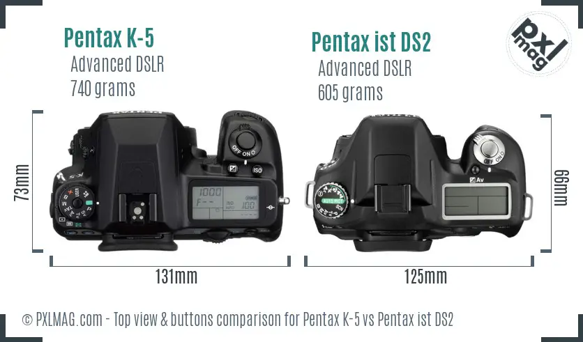 Pentax K-5 vs Pentax ist DS2 top view buttons comparison