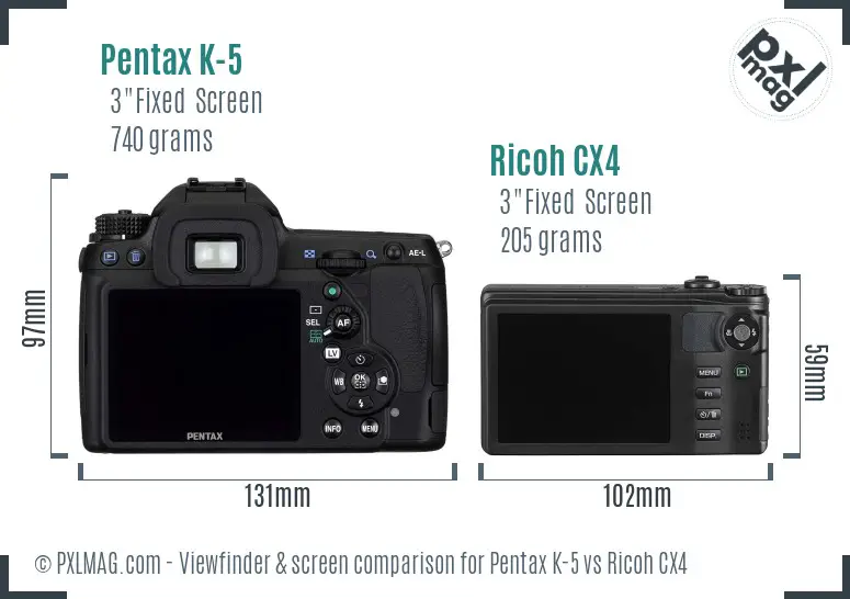 Pentax K-5 vs Ricoh CX4 Screen and Viewfinder comparison