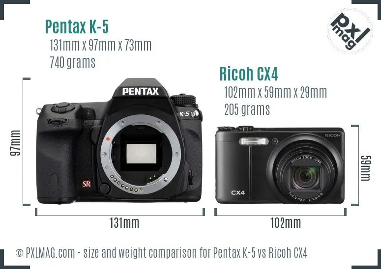 Pentax K-5 vs Ricoh CX4 size comparison