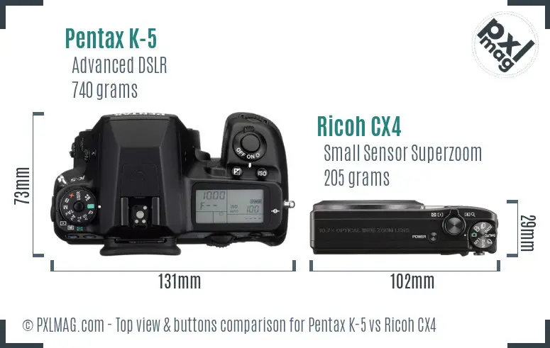 Pentax K-5 vs Ricoh CX4 top view buttons comparison