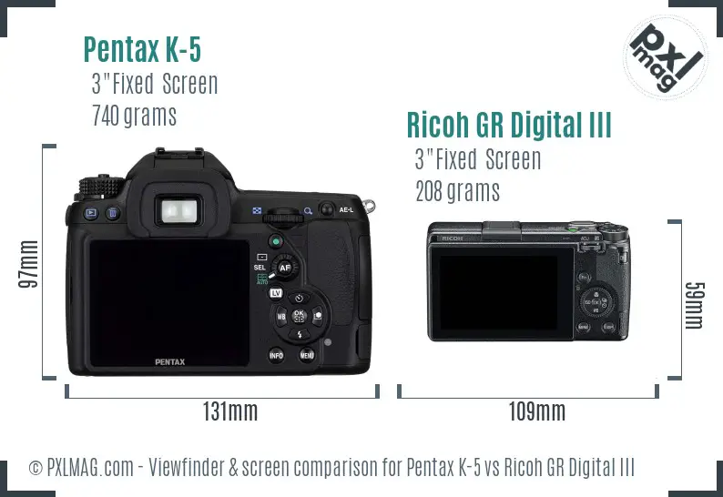 Pentax K-5 vs Ricoh GR Digital III Screen and Viewfinder comparison