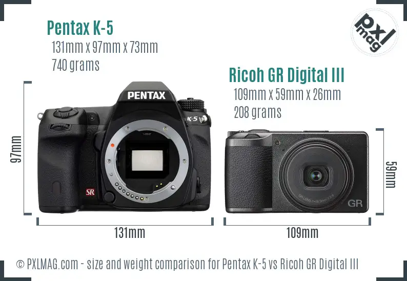 Pentax K-5 vs Ricoh GR Digital III size comparison