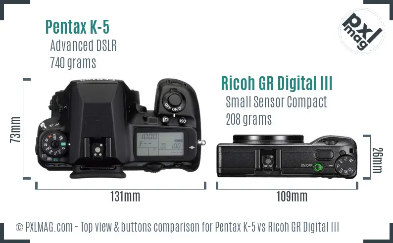 Pentax K-5 vs Ricoh GR Digital III top view buttons comparison