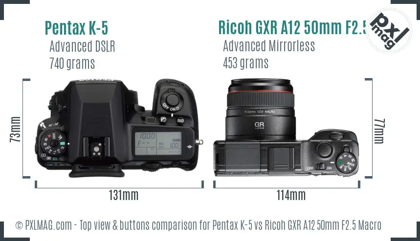Pentax K-5 vs Ricoh GXR A12 50mm F2.5 Macro top view buttons comparison