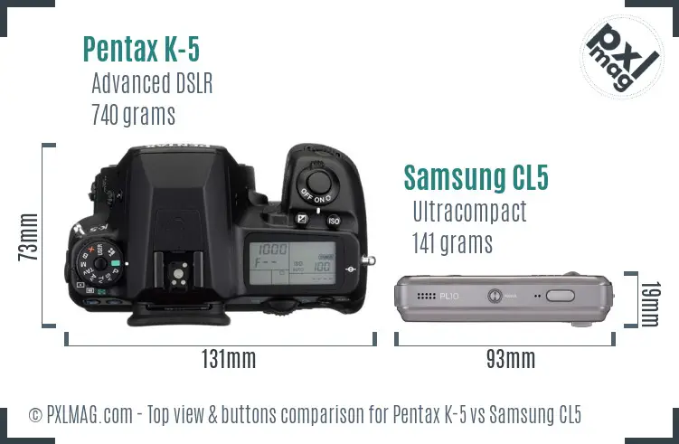 Pentax K-5 vs Samsung CL5 top view buttons comparison Pentax K-5 vs Samsung CL5 top view buttons comparison