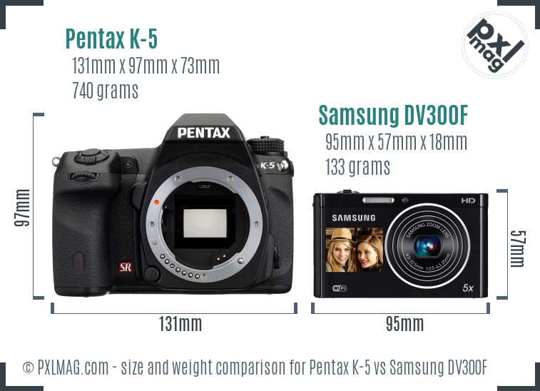 Pentax K-5 vs Samsung DV300F size comparison
