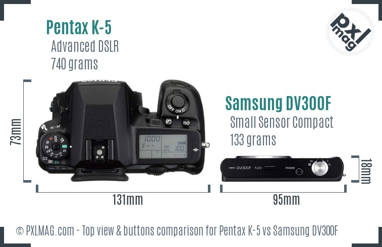 Pentax K-5 vs Samsung DV300F top view buttons comparison