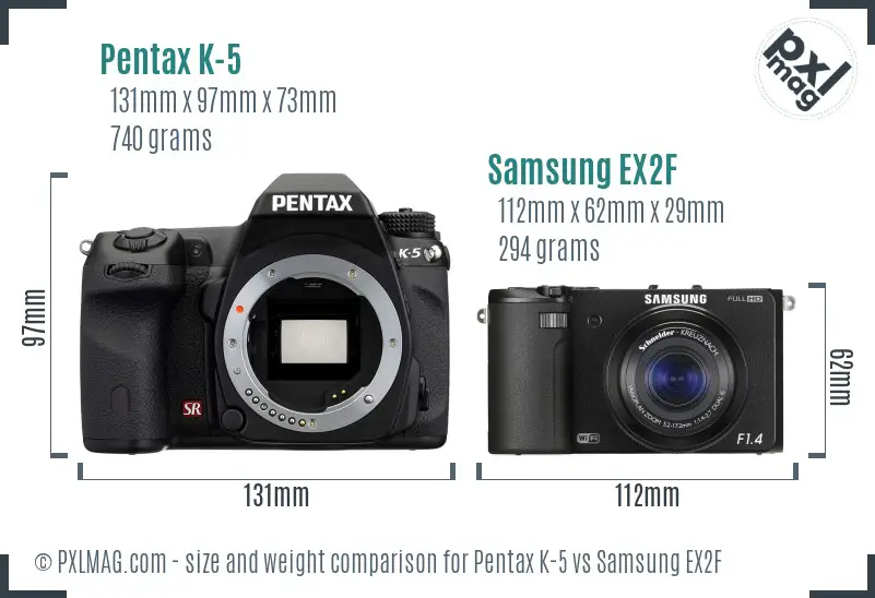 Pentax K-5 vs Samsung EX2F size comparison