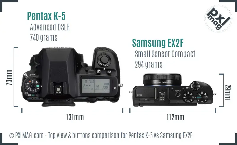 Pentax K-5 vs Samsung EX2F top view buttons comparison