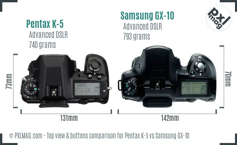 Pentax K-5 vs Samsung GX-10 top view buttons comparison