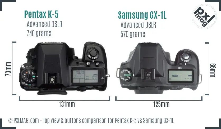 Pentax K-5 vs Samsung GX-1L top view buttons comparison