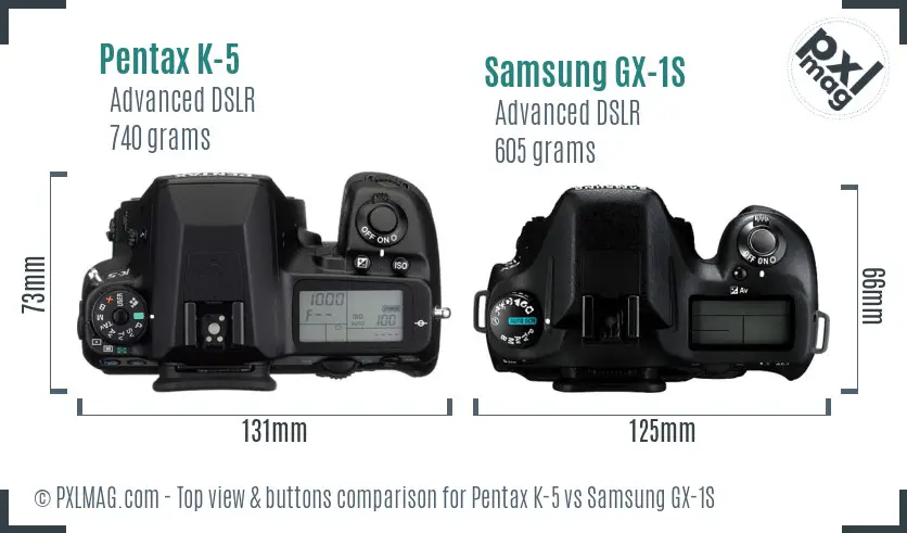 Pentax K-5 vs Samsung GX-1S top view buttons comparison