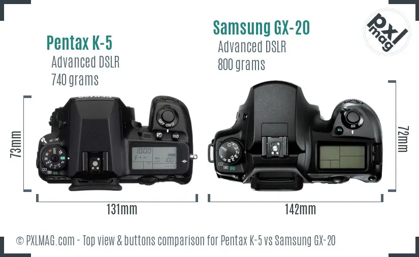Pentax K-5 vs Samsung GX-20 top view buttons comparison