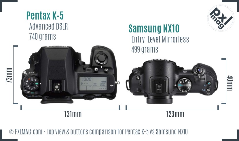 Pentax K-5 vs Samsung NX10 top view buttons comparison