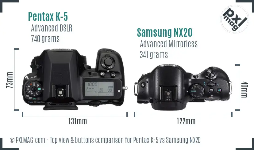 Pentax K-5 vs Samsung NX20 top view buttons comparison
