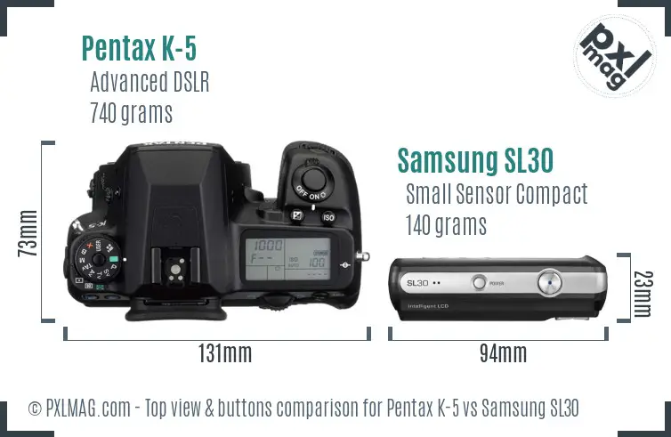 Pentax K-5 vs Samsung SL30 top view buttons comparison