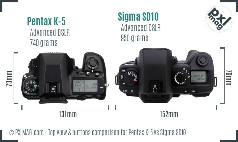 Pentax K-5 vs Sigma SD10 top view buttons comparison