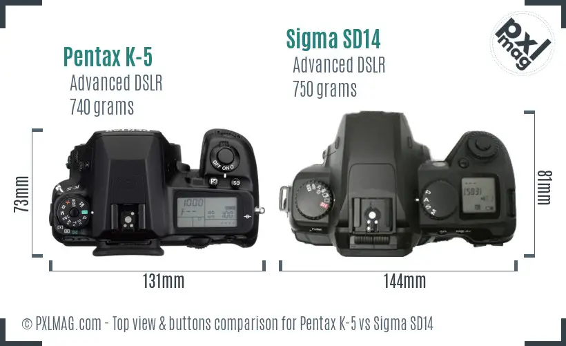 Pentax K-5 vs Sigma SD14 top view buttons comparison