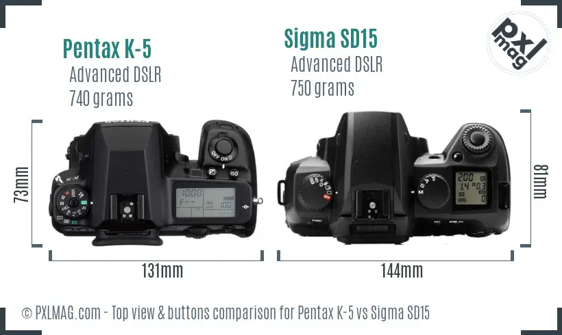Pentax K-5 vs Sigma SD15 top view buttons comparison