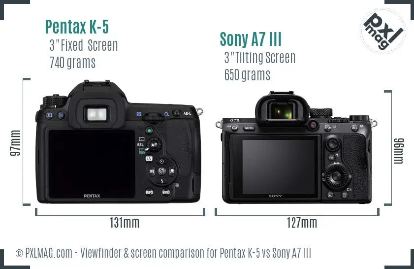 Pentax K-5 vs Sony A7 III Screen and Viewfinder comparison