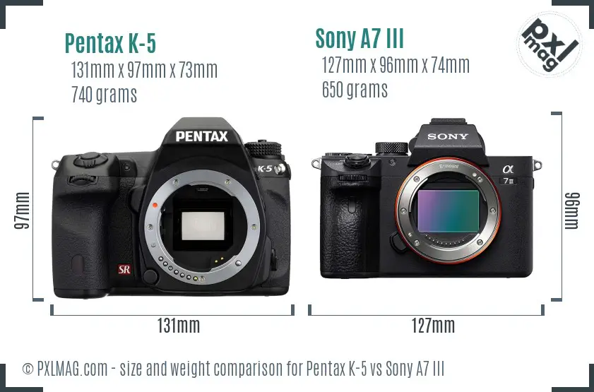 Pentax K-5 vs Sony A7 III size comparison