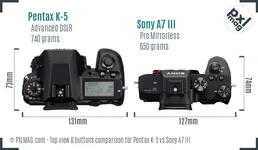 Pentax K-5 vs Sony A7 III top view buttons comparison