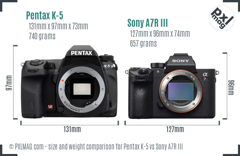 Pentax K-5 vs Sony A7R III size comparison