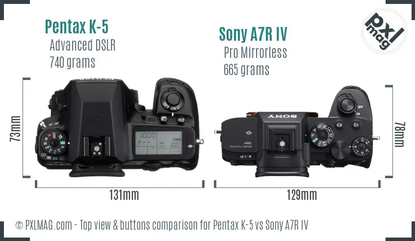 Pentax K-5 vs Sony A7R IV top view buttons comparison