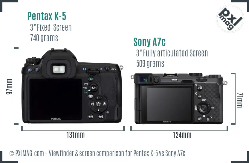 Pentax K-5 vs Sony A7c Screen and Viewfinder comparison