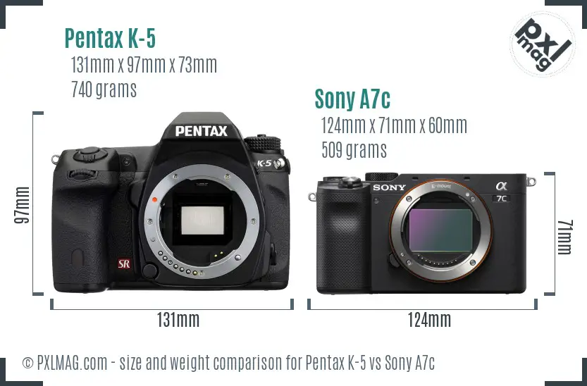 Pentax K-5 vs Sony A7c size comparison