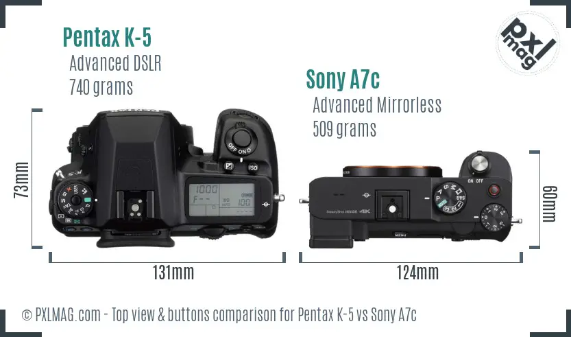 Pentax K-5 vs Sony A7c top view buttons comparison