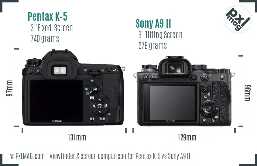 Pentax K-5 vs Sony A9 II Screen and Viewfinder comparison