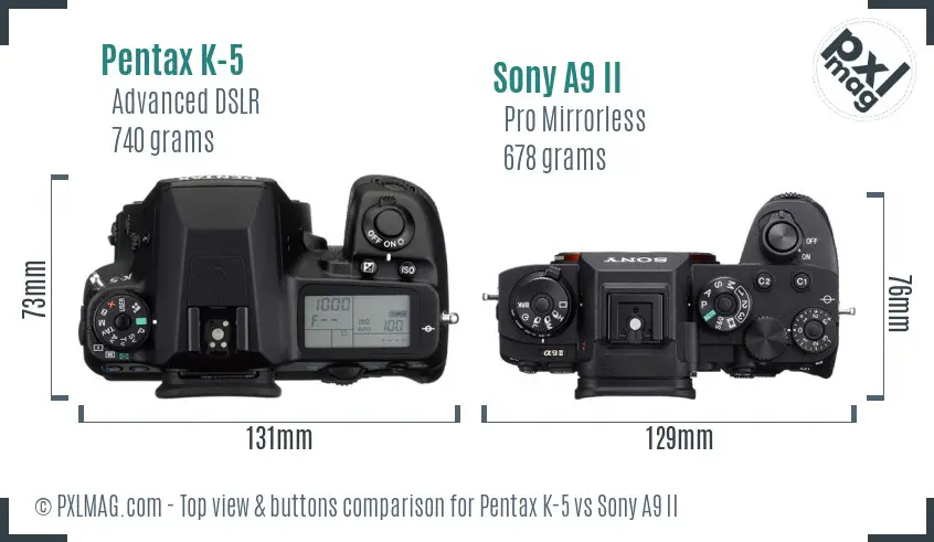 Pentax K-5 vs Sony A9 II top view buttons comparison