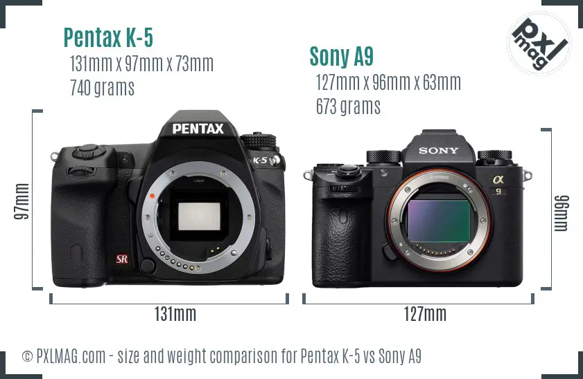 Pentax K-5 vs Sony A9 size comparison