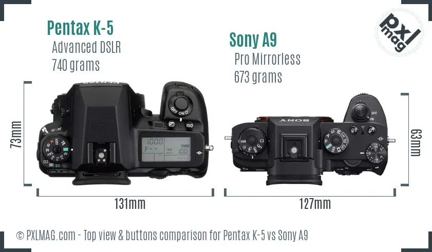 Pentax K-5 vs Sony A9 top view buttons comparison
