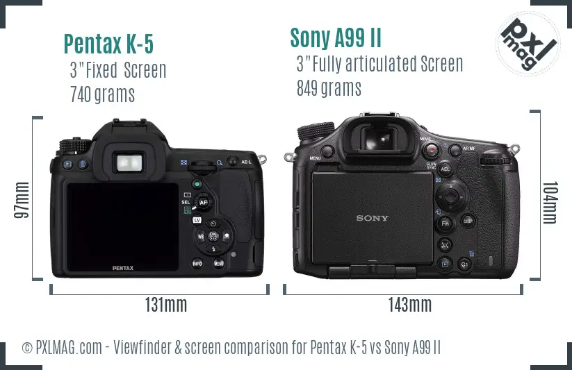 Pentax K-5 vs Sony A99 II Screen and Viewfinder comparison