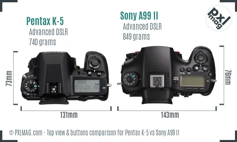 Pentax K-5 vs Sony A99 II top view buttons comparison