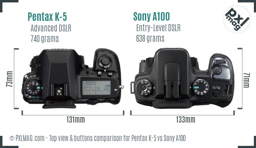 Pentax K-5 vs Sony A100 top view buttons comparison