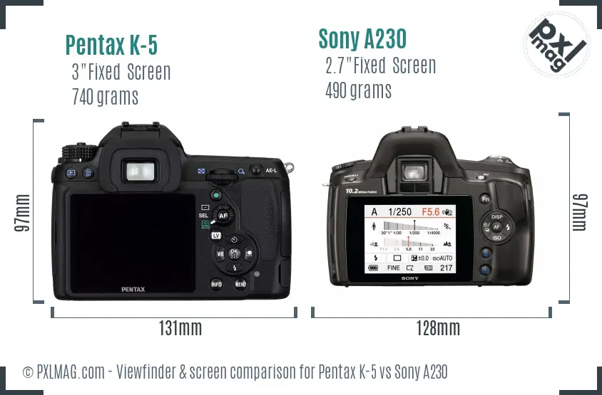 Pentax K-5 vs Sony A230 Screen and Viewfinder comparison
