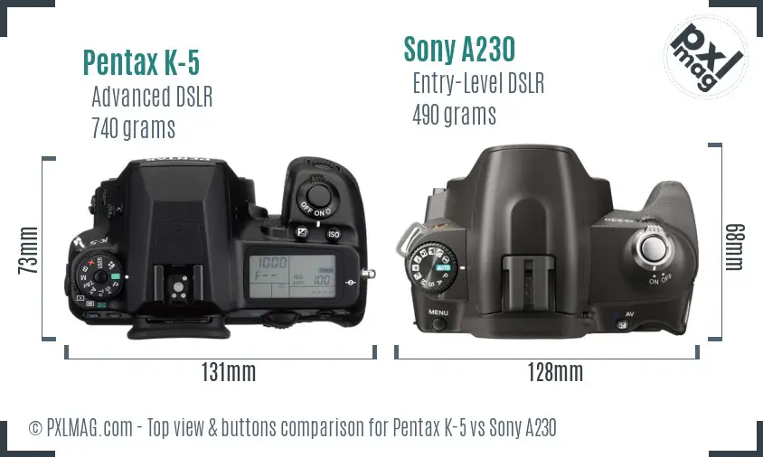 Pentax K-5 vs Sony A230 top view buttons comparison