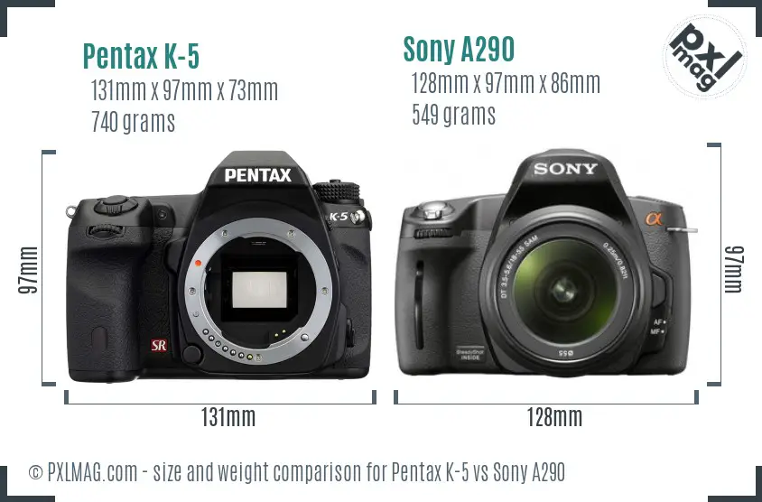 Pentax K-5 vs Sony A290 size comparison