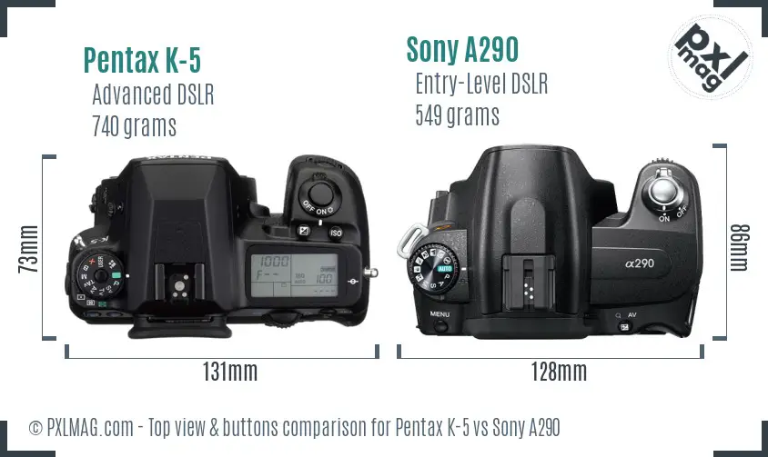 Pentax K-5 vs Sony A290 top view buttons comparison