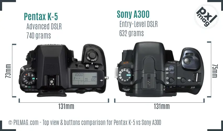 Pentax K-5 vs Sony A300 top view buttons comparison