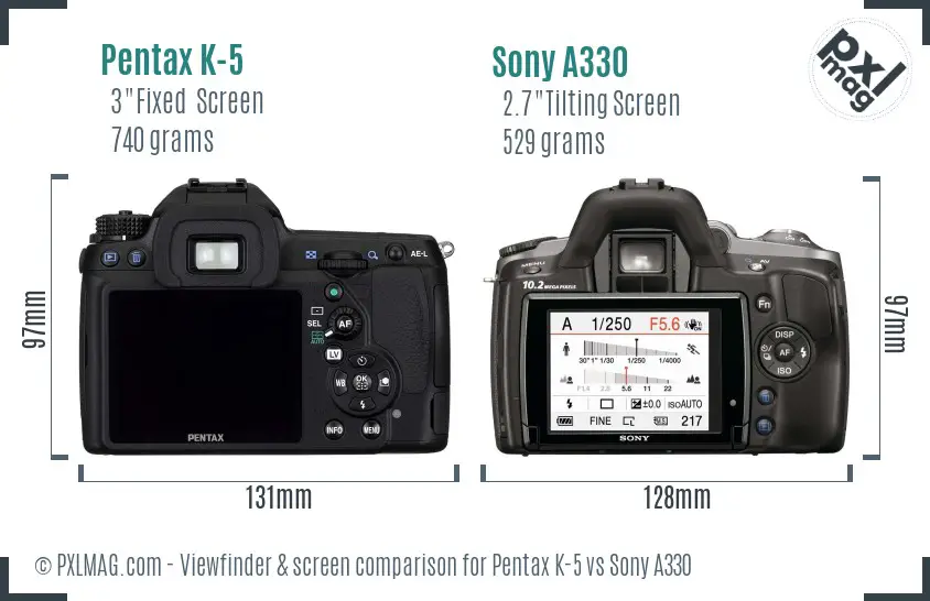 Pentax K-5 vs Sony A330 Screen and Viewfinder comparison