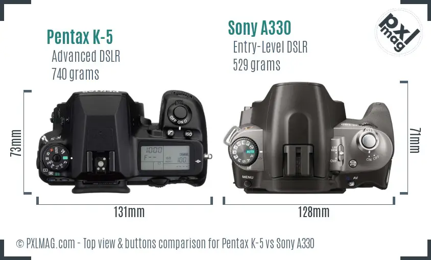 Pentax K-5 vs Sony A330 top view buttons comparison